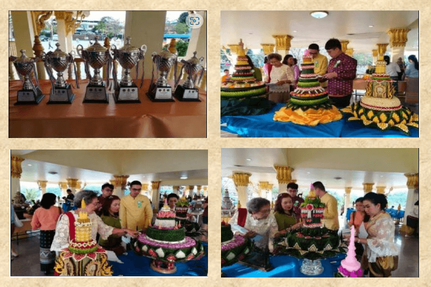 Peserta dan hakim memeriksa hasil ciptaan Krathong bertingkat dalam Pertandingan Krathong