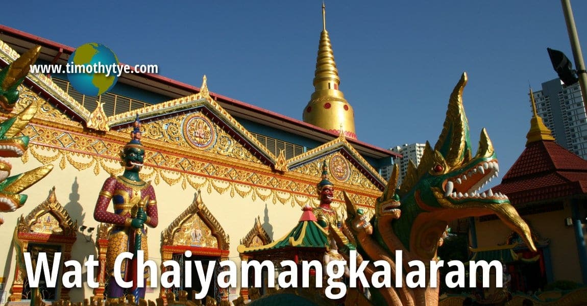 Golden stupa and guardian statues at Wat Chaiyamangalaram, Lorong Burma, Pulau Tikus, Penang